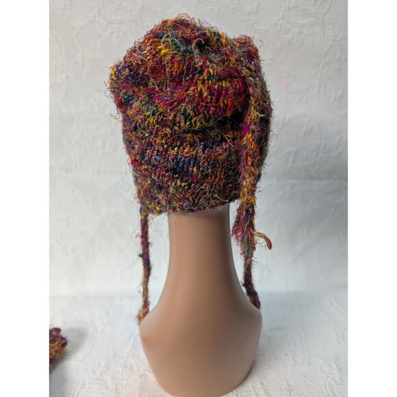Nepal Silk Woven Beanie Gloves Handknit Multicolor Tassels Fleece Boho Hippie - Picture 4 of 10